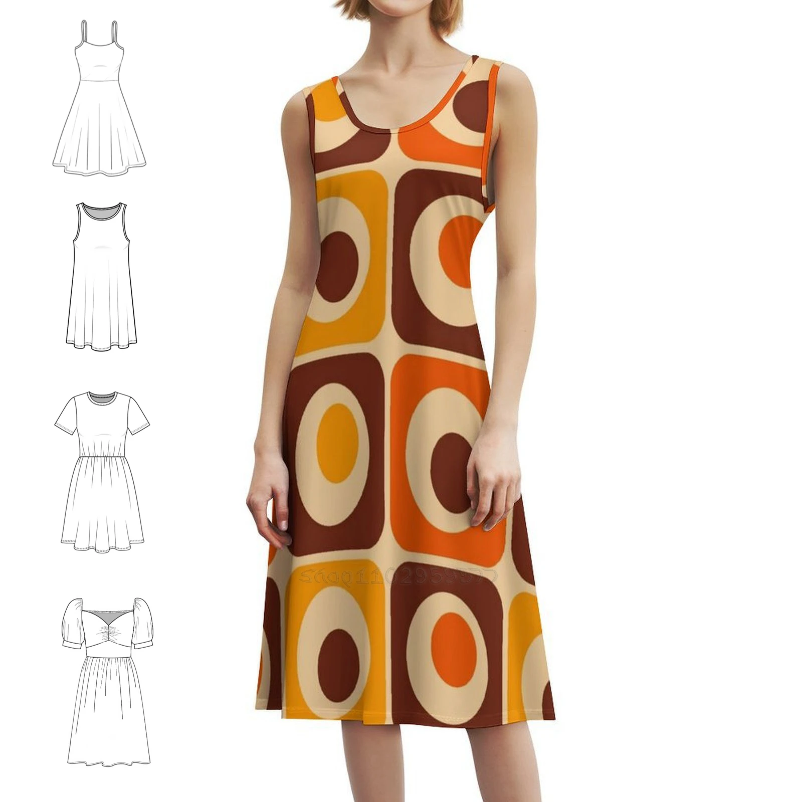 70S Retro Vintage Style Geometric Pattern Orange Brown Korean Style Dress For Women Elegant Casual Dress For Party Or Daily
