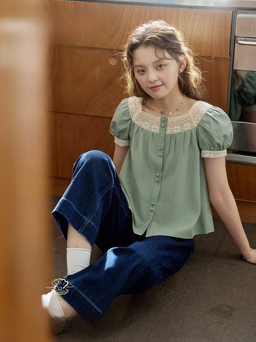 

Новинка! Женская летняя повседневная футболка с квадратным вырезом, в стиле пэчворк, с ажурными вставками, из полиэстера, лиоцелла и хлопка...