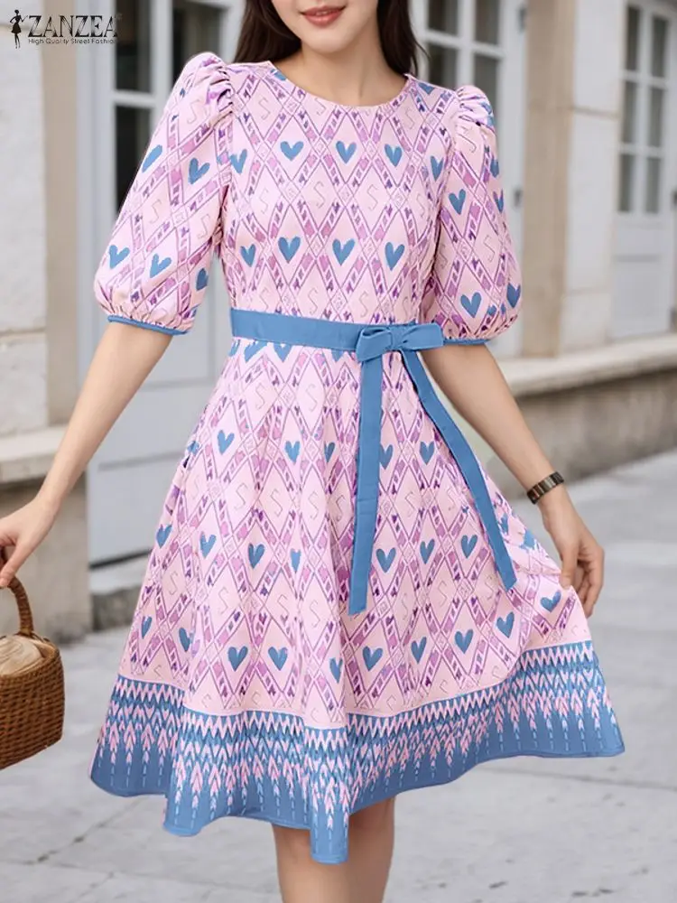 ZANZEA-vestidos de fiesta elegantes con estampado de corazón para mujer, vestidos de fiesta con cuello redondo, media manga abombada, cintura ajustada, detalle de lazo, vestido hasta la rodilla, S-3XL