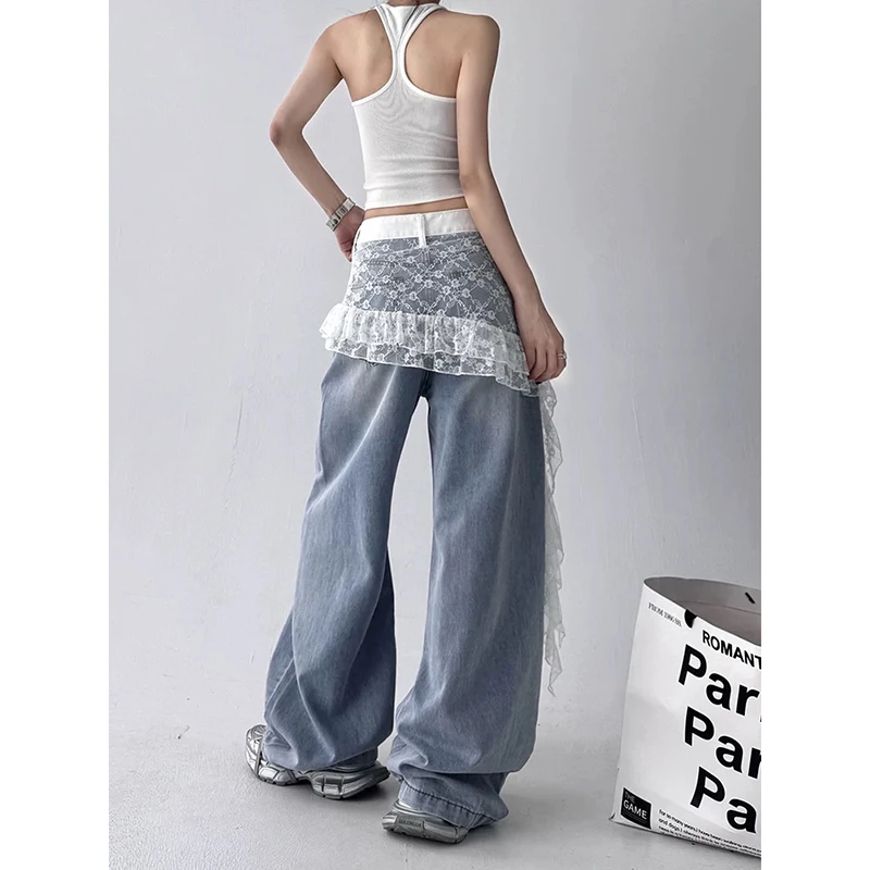 Blaue, gespleißte, zerrissene Spitzenjeans für Damen, Harajuku-Stil, modisch, koreanisch, 2025, Sommer, neue hohe Taille, lose breite Beine, schwimmende Hose