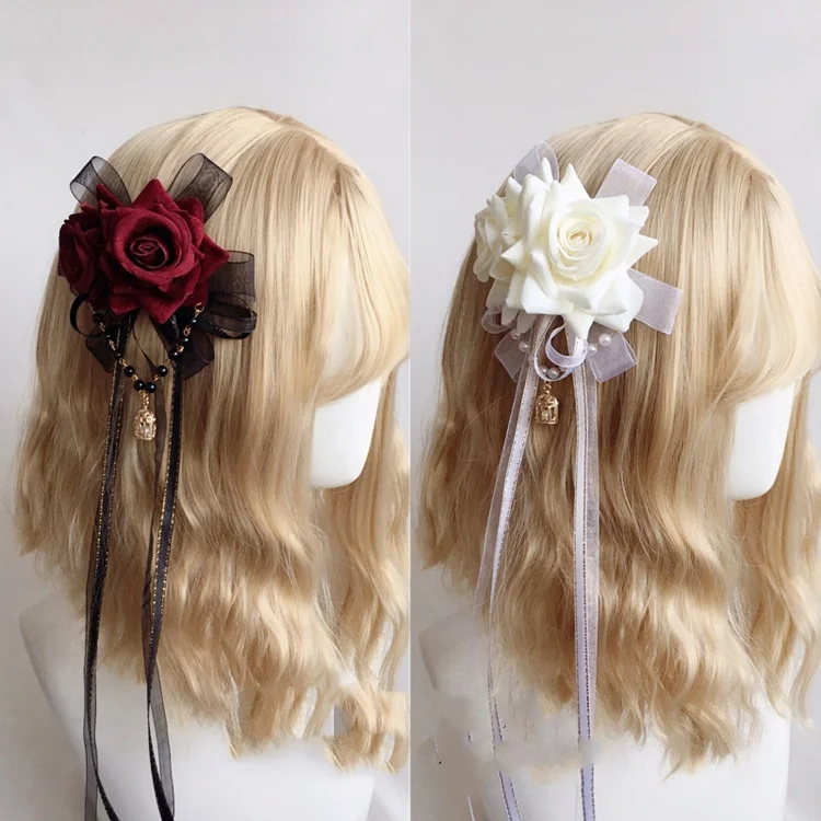 

Goddess Bride Bow Lace Rose KC Bead Chain Pendant Gothic Hair Clip Lolita KC Side Clip Headdress Headpiece Accessories Girl Gift