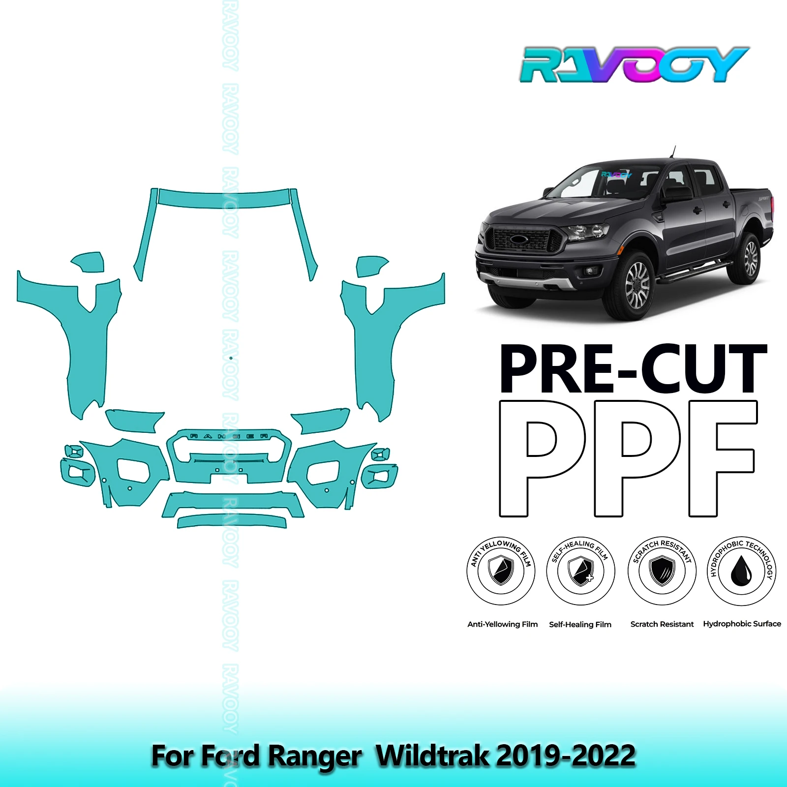 

8.5Mil Precut Paint Protection Film PPF Clear Bra Front Kit For Ford Ranger Wildtrak 2019-2022