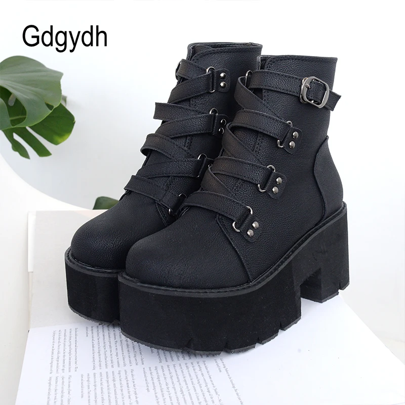 Gdgydh Spring Platform Boots Woman Chunky Heel Punk Gothic Boots Lace Black Brown Ankle Boots Women Comfortable Leather