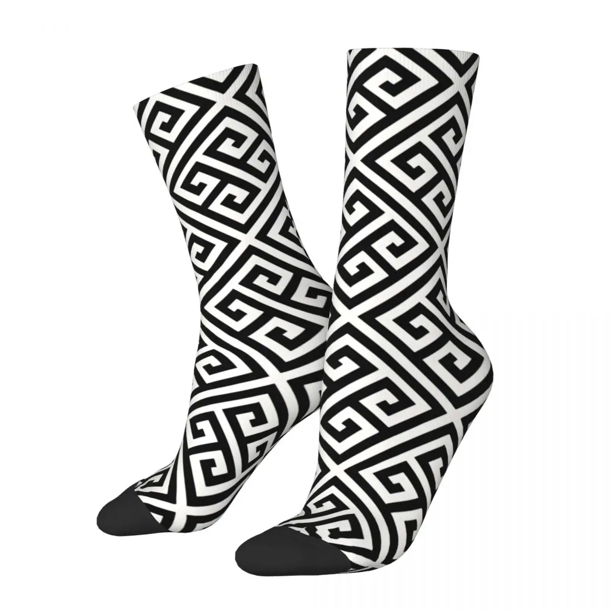 

Funny Men's Socks Black And White Design Retro Greek Meander Street Style Novelty Crew Sock Gift Pattern Printed