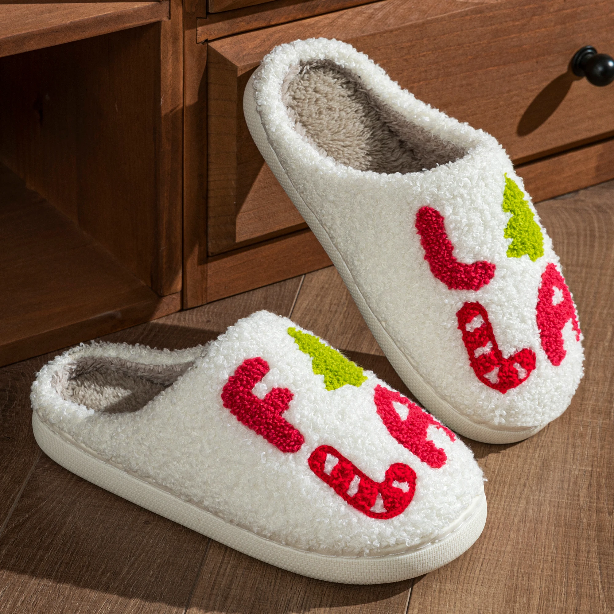 Christmas Gift Women Fluffy Slippers Letter & Christmas Tree Embroidery Closed Toe Fuzzy Non Slip Warm Indoor Holiday Shoes