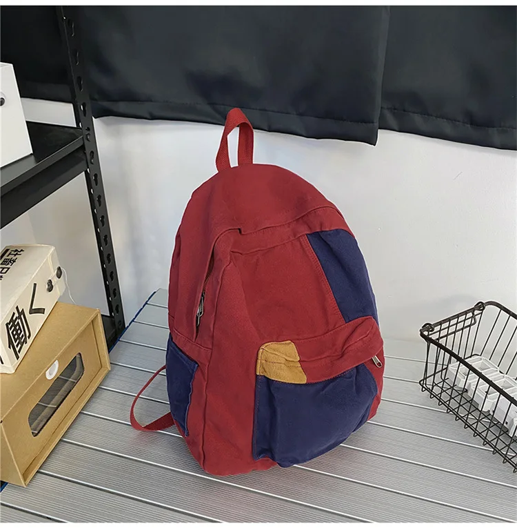 Contrast Color Block Canvas Backpack Large Capacity Casual School Travel Rucksack for Student Daily Use