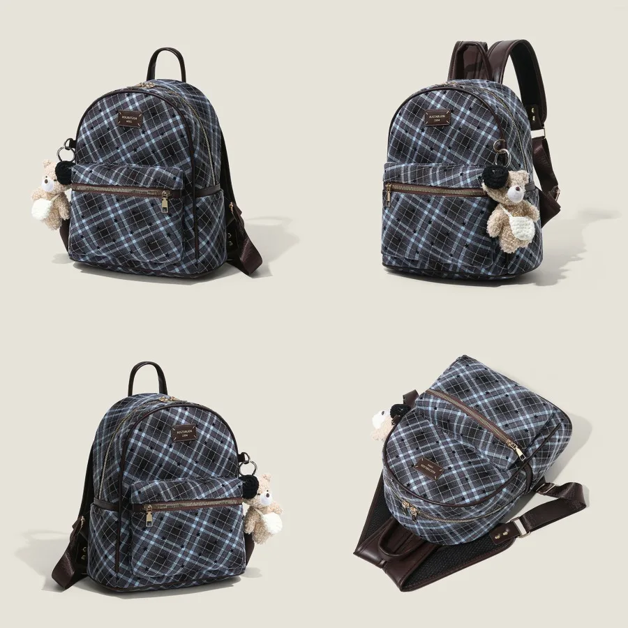 

【Новый стиль】Новинка 2026 года: зимний рюкзак в синюю клетку со звездами, модный рюкзак в стиле преппи, школьный ранец.