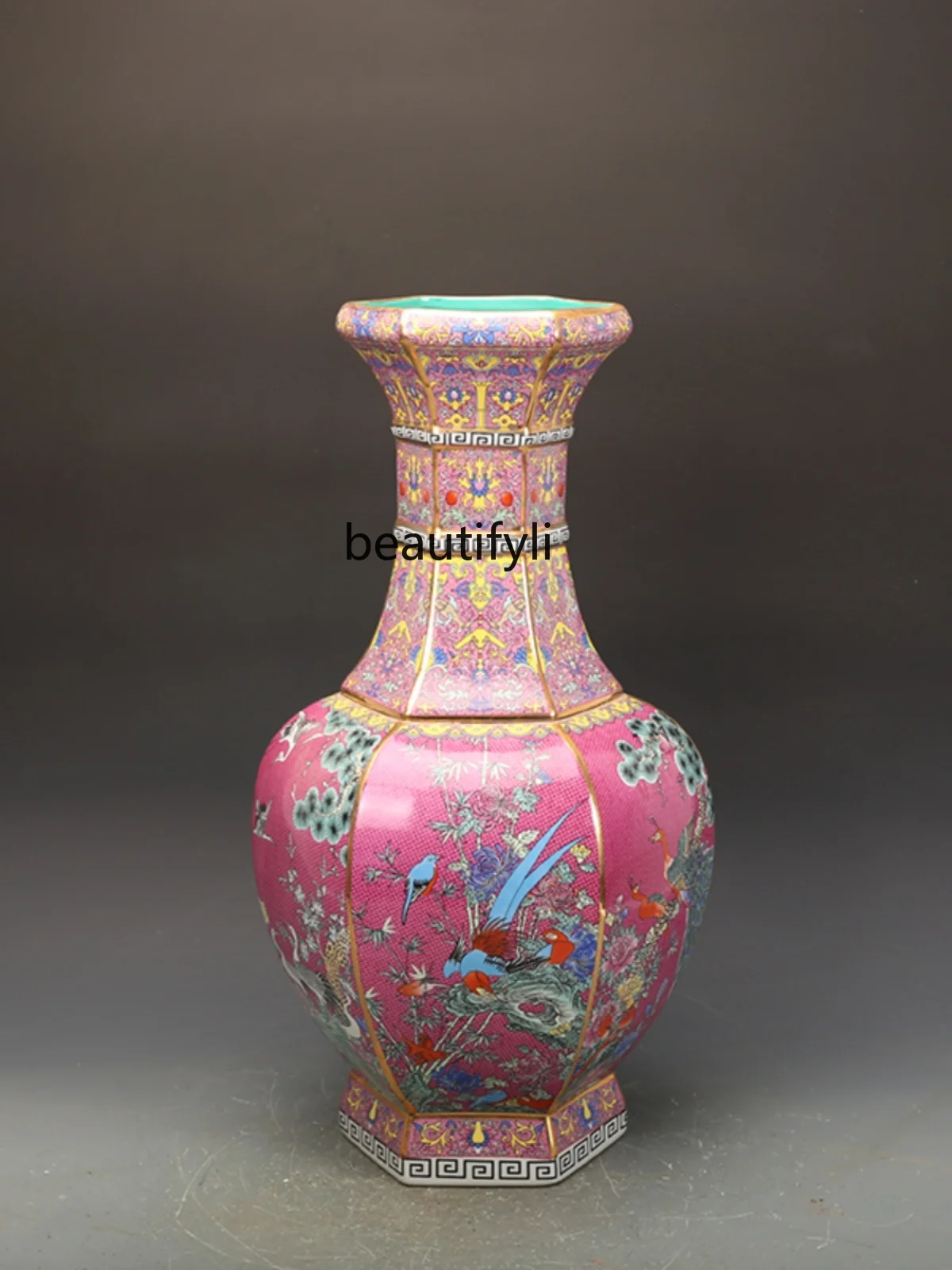 Hongdi Famille Rose Flower and Bird Hexagonal Bottle Antique Antique Jingdezhen Antique Porcelain