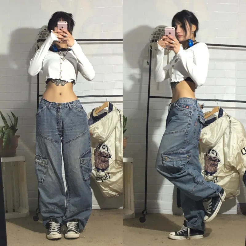 Streetwear New Fashion Big Pocket Tooling Baggy Jeans Women Y2K Harajuku Vintage Gothic Hip Hop Popular High Waist Wide Leg Pant