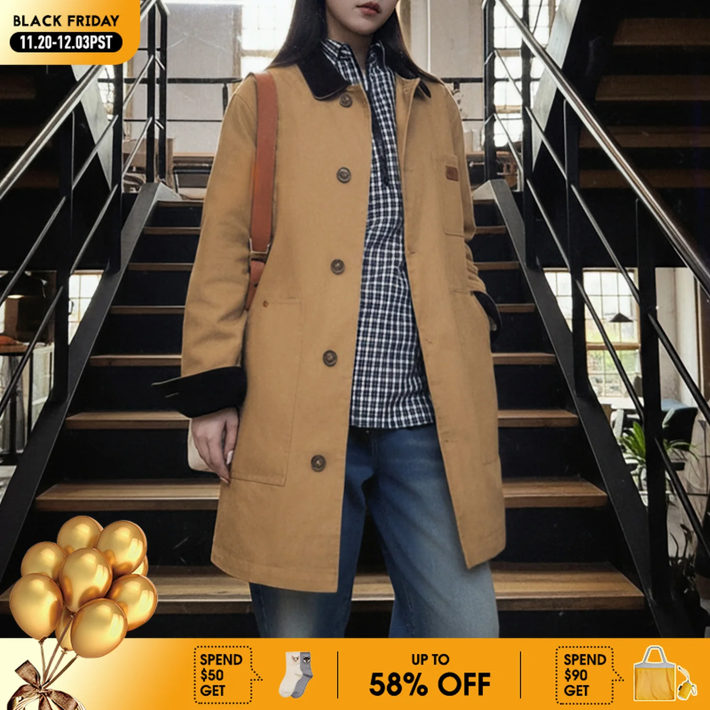 

Maden Women's Khaki Mid-Length Canvas Jacket Corduroy Collar Workwear Coat Loose Fit Retro Autumn Winter Outerwear