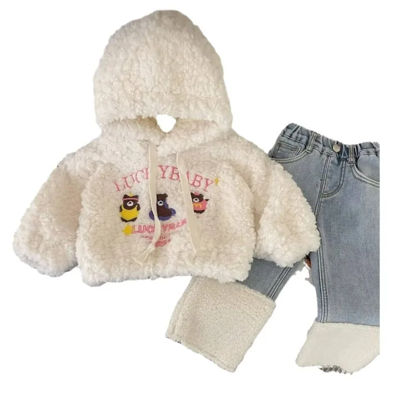 Winter Kinderkleding Meisjes Schattige Cartoon Beer Fleece En Lamswol Hoodie Kawaii Patchwork Jeans Baby Girl Outfit Set Roze Hoodie