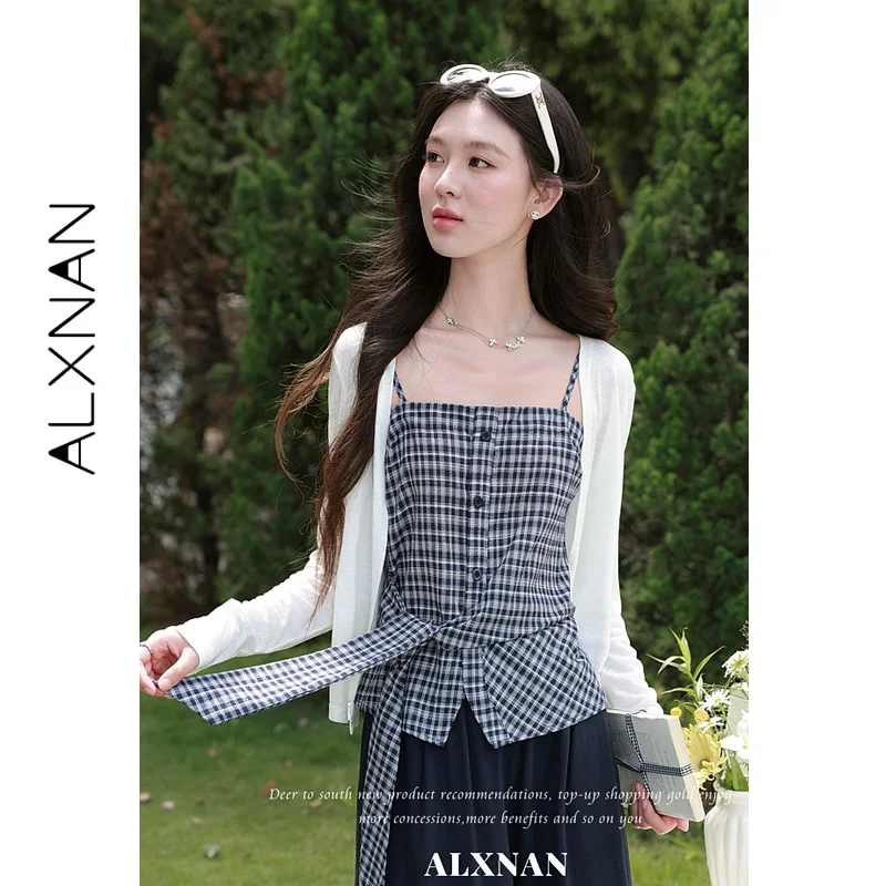 ALXNAN Women's Navy Camisole 2026 New Model Summer Off-shoulder Waist Tie Plaid Tops Slim-fit Casual Ladies Clothing L67020