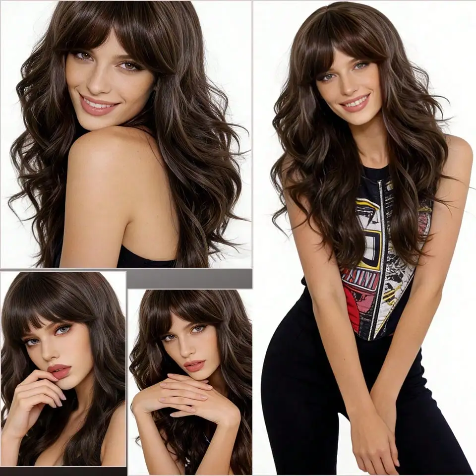 

Natural Wavy Brown Wig with Bangs, Silky Synthetic Hair, Perfect for Daily Use, Halloween Cosplay & Party