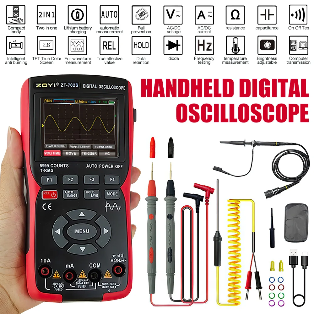 

2 in 1 Digital Oscilloscope Multimeter True RMS 48MSa/s Sampling Rate 10Mhz PC Waveform Digital Oscilloscope 9999 Counts Tester