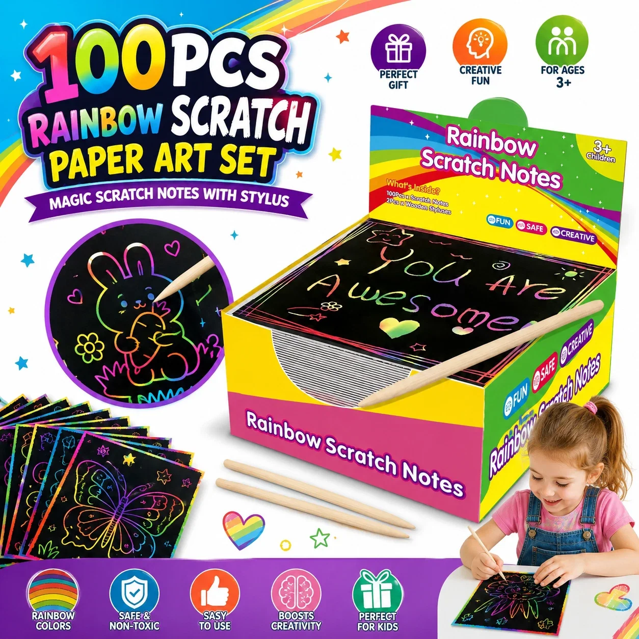 50/100/150 Sheets Magical Scratch Memo Boxes, Rainbow Scratch Mini Art Notes, Art Handmade DIY Party Supplies