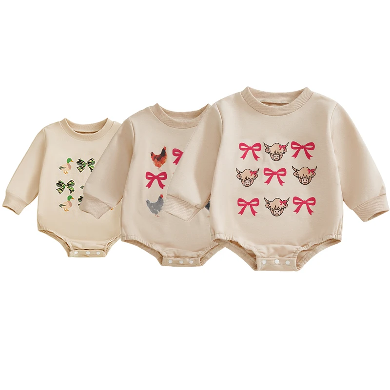 

Tregren, свитшот для маленьких девочек 0-18 месяцев, комбинезон с длинными рукавами и круглым вырезом, камуфляжный комбинезон с утиным бантом/бантом и принтом быка/курицы