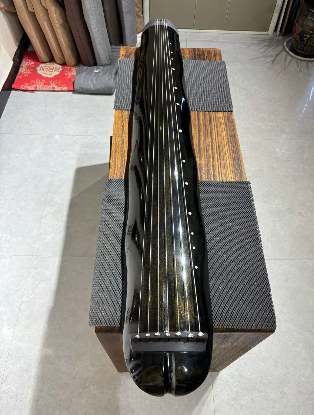 Chinese Guqin 7 String Zither Black Gold Jiaoye Shape Handcrafted Aged Cedar Raw Natural Lacquer Traditional Musical Instrument
