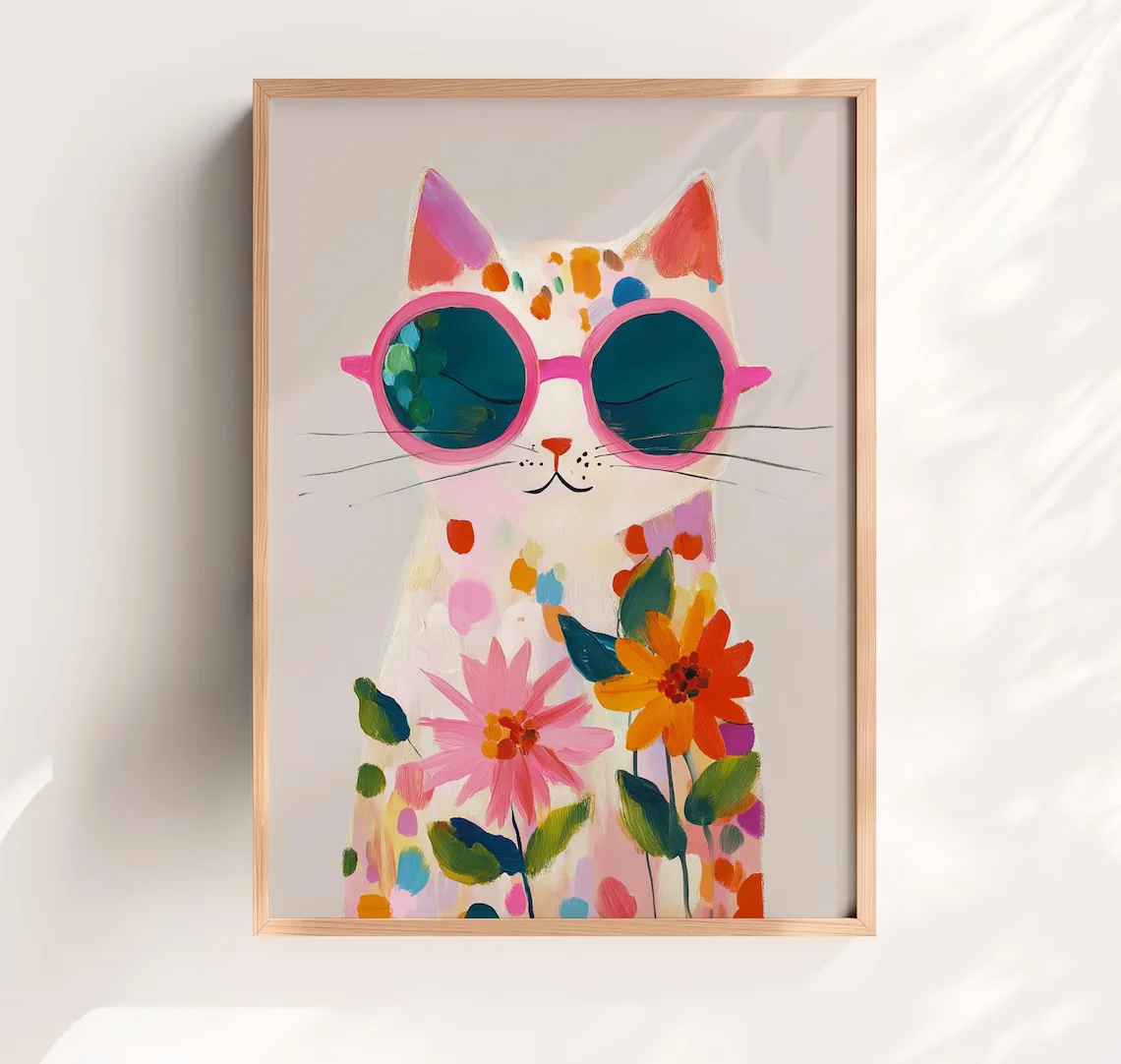 “Colorful Boho Cat Wall Art: Playful Polka Dot Kitten in Pink Sunglasses with Floral Accents – Vibrant Abstract Watercolor Print view 5