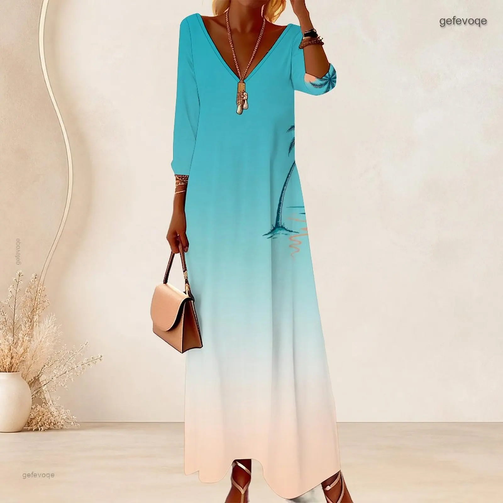 Women V Neck 3/4 Sleeve Gradient Palm Tree Printed Loose Long Dress