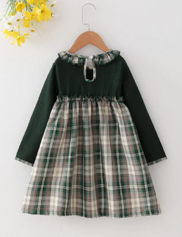 2023 Winter New Girls Dress Long Sleeve O Neck Sashes Patchwork Plaid Green Cute Designer Girls Princess Dress Vestido18M-6T