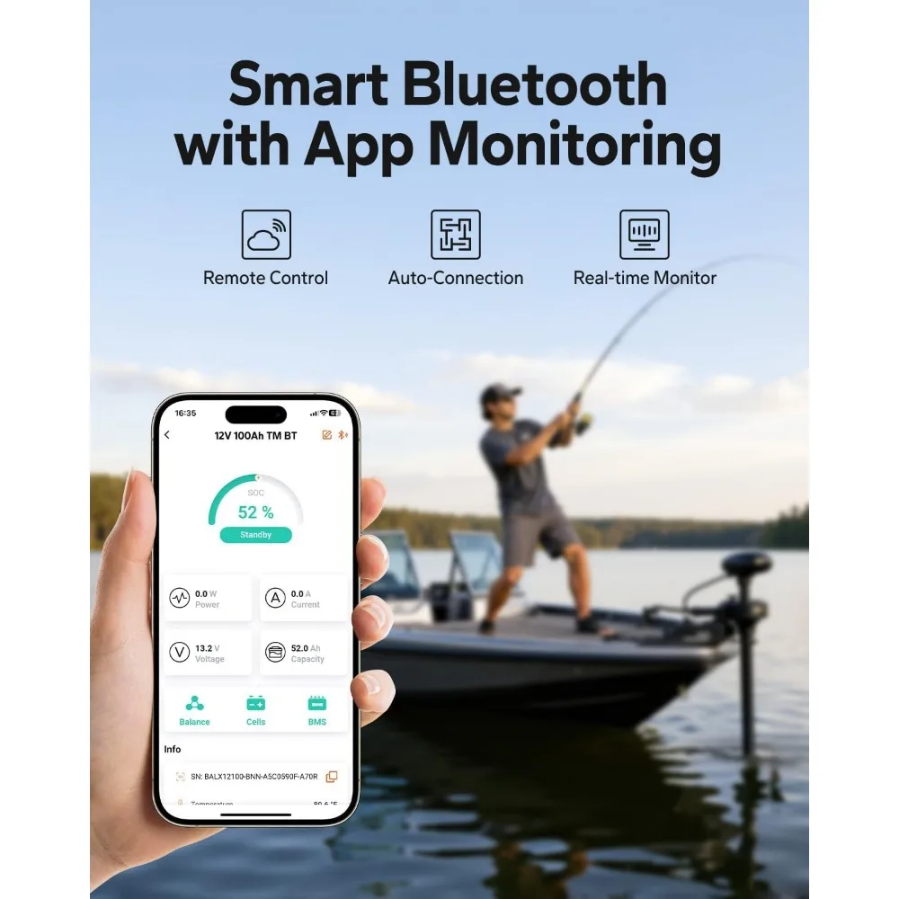 Batterie LiFePO4 pour moteurs de pêche à la traîne 12 V 100 Ah (groupe 31), piles au lithium Bluetooth 12 volts, maximum. 15 000 cycles profonds 100A BMS