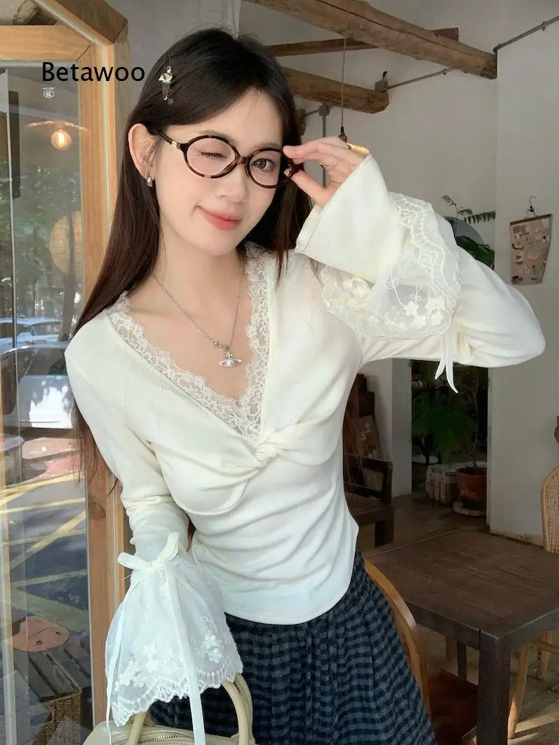 Womens Slim Fit V Neck Long Sleeve Shirt Lace Trim Twisted Front Top Flared Sheer Lace Cuff With Ribbon For Multiple Occasions