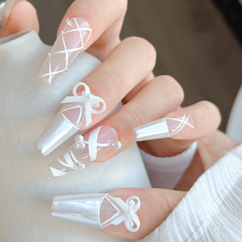 5pcs Ribbon Ballet Style Soft White Bow Nail Charms Parts Cute Ribbon Bow Pearl Nail Rhinestones Diy Nail Art Decor Accessories