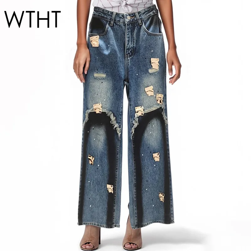 

WTHT Vintage Fashion Women's Hole Burr Edge Fake Two-piece Straight Jeans 2026 Spring High Waist Wide Leg Pants Female 1LS2896