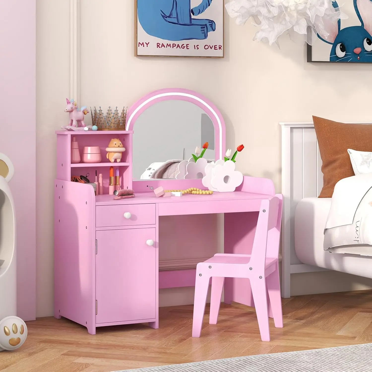 Kids Vanity Set with Lighted Mirror, Toddler Makeup Dressing Princess Table & Chair Set with Shelves, Drawer & Cabinet, Pretend