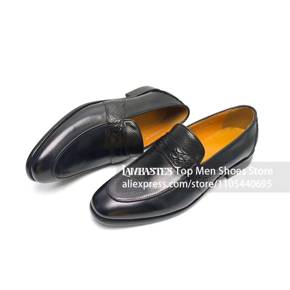 Men's Black Perforated Penny Loafers Patchwork Textured Formal Slip on Dress Shoes Mix Texture Croc Embossed Slip on Dress Shoes