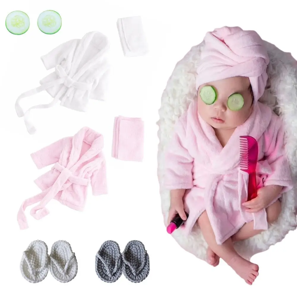 Photography Props Newborn Baby Bathrobes Slippers Cucumber Bath Towel Outfit with Headband Infant Robe Outfits Baby Photoshoot