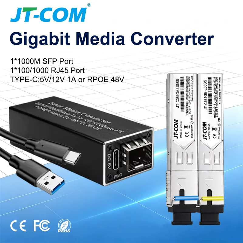 JT-COM MINI 1.25G Media Converter Slot SFP Transceiver Module 5V DC Type-C Input 1 SFP Slot 1 RJ45 Ethernet SFP Fiber Switch