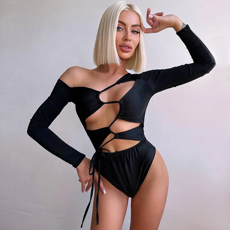 

Summer Women's Hollow Straps Slanted Shoulder Bottom Long-sleeved Jumpsuits Side Hollow Lace Up Plus Size 9XL 8XL 7XL 6XL XXXXXL