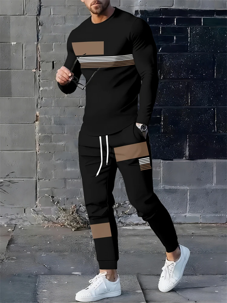 Stylish Men's Set Minimalist Patchwork Print Sporty Casual Two-Piece Crew Neck Long-Sleeve Top With Fashionable Casual Pants