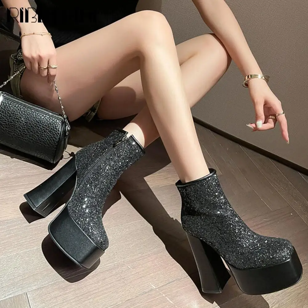 High Heeled Platform Vintage Bling Women Boots Elegant Casual Simple Pretty Ankle Boots Party Stylish Novelty Winter Shoes Women