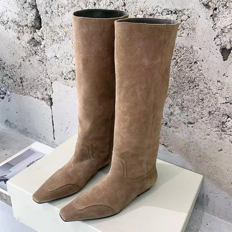 Gran oferta de botas hasta la rodilla para mujer, zapatos sin cordones de piel de ante con punta cuadrada, botas de pasarela para mujer, botas largas planas cómodas para mujer