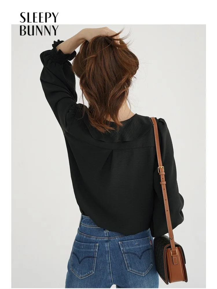 

Elegant Ruffle V Neck Blouse French Style Long Sleeve Shirt for Women Lightweight Top Casual Office Chic Design Feminine Outfit