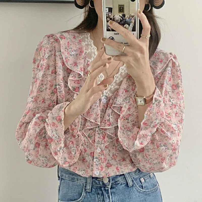 

2026 spring and summer new collar ruffle lace splicing chiffon shirt top sweet floral shirt loose