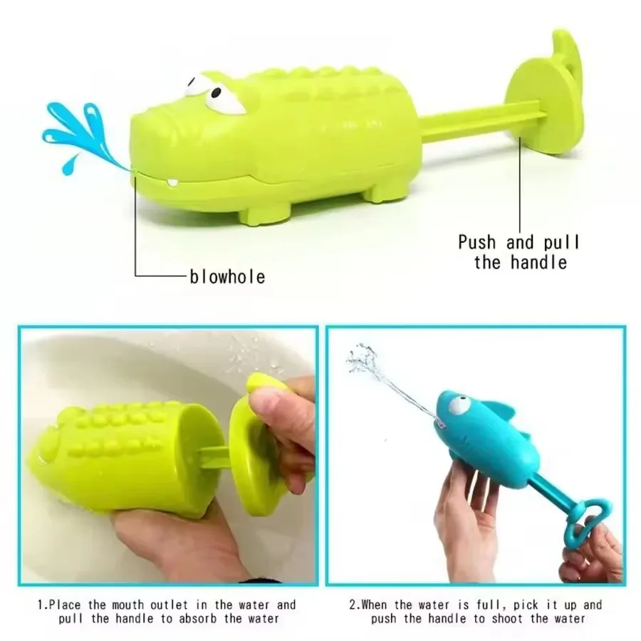 Shark and crocodile pull-back water gun, kids' bath and splash toy, summer beach play water blaster for outdoor fun