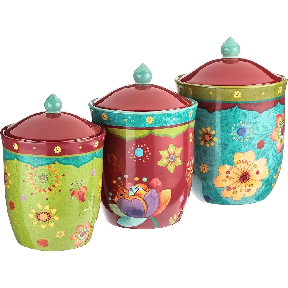 

3-Piece Ceramic Canister Set with Colorful Floral Design, Includes 104 oz., 72 oz., and 54 oz. Sizes for Kitchen Storage