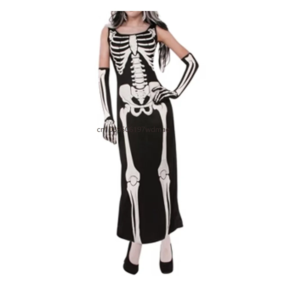 Halloween Party Cosplay Costume Adult Female Skeleton Print Jumpsuit Carnival Performance Dress Festival Stage Tight Bodysuits