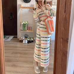 Milk Rainbow Stripe Sweater Set Skirt Women's Spring and Autumn Long Sleeve Knitted Shirt Split Half Skirt Two Piece Set