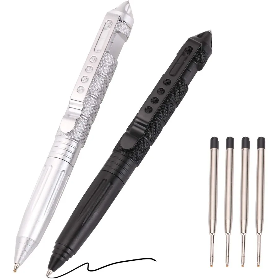 

Набор из 2 военных тактических ручек с 6 черными стержнями для шариковых ручек для письма из вольфрамовой стали и алюминия черного и серебристого цвета