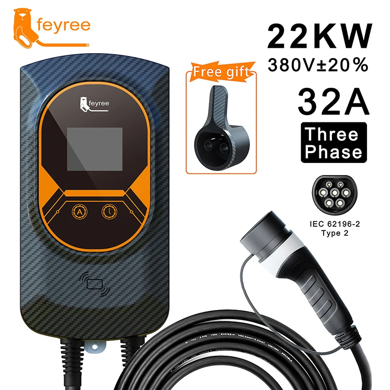 feyree EV Charger Type2 32A EVSE Wallbox with IEC62196-2 Adapter 7.6KW Wallmount Charging Station 5m Cable for Electric Vehicle