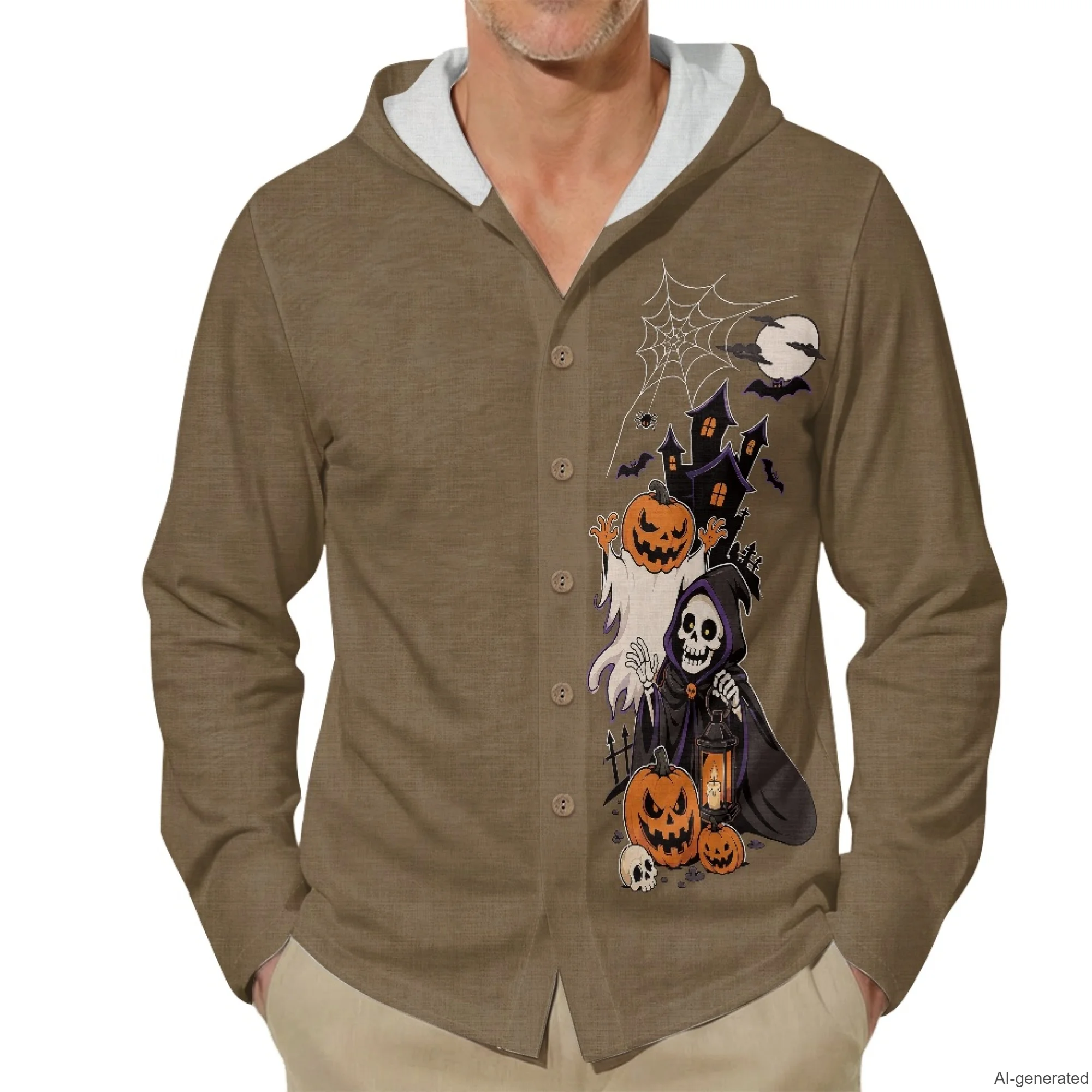 INSTANTARTS Men's Linen Hooded Casual Shirt Long Sleeve T-shirt Men Oversized Shirt Casual Shirts Halloween Shirt Man S-5XL