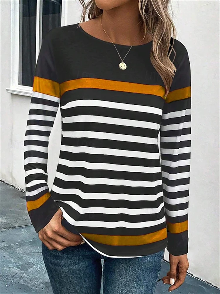 Women's Autumn Fashion Long-Sleeve Crew-Neck T-Shirt with Striped Panel and Print Minimalist Casual Outdoor Street-Style Top