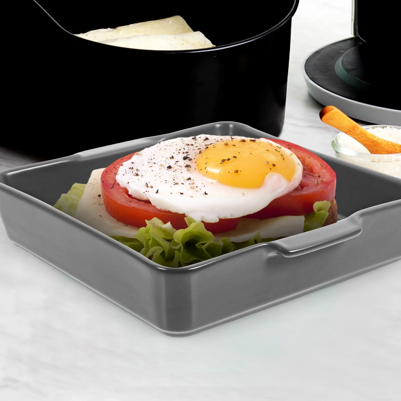 

1Pcs Ceramic Baking Tray Grey Practical High Heat Resistant Handle Design for Baking Kitchenware Food Serving Plate