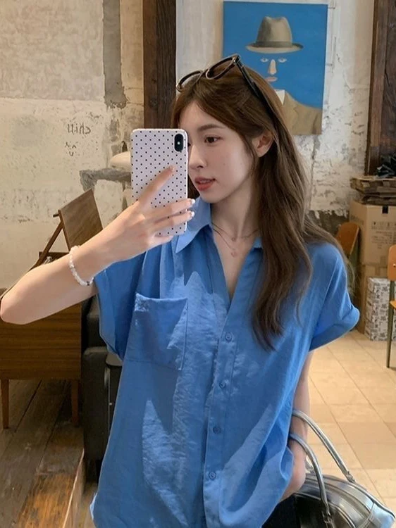 

Elegant Short Sleeve Shirt Loose Fit Collar Design Summer New Style Blue Color Versatile Women's Casual Fashion Top