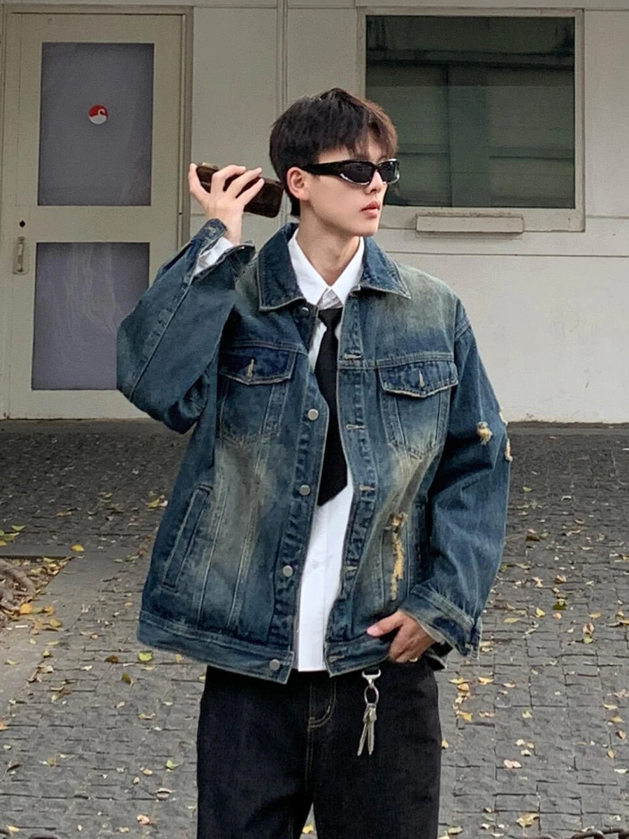 

Retro Blue Ripped Denim Jaet Men's Spring Autumn Heavy Du Waed Workwear Collar Jaet Youthful Vitali Sle Long Sve