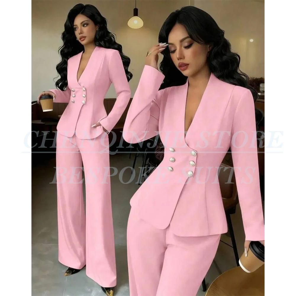 Elegant Pink Office Lady 2 Piece Jacket Pants Set High Quality Pearls Button Double Breasted Customized Women's Suits Outfits